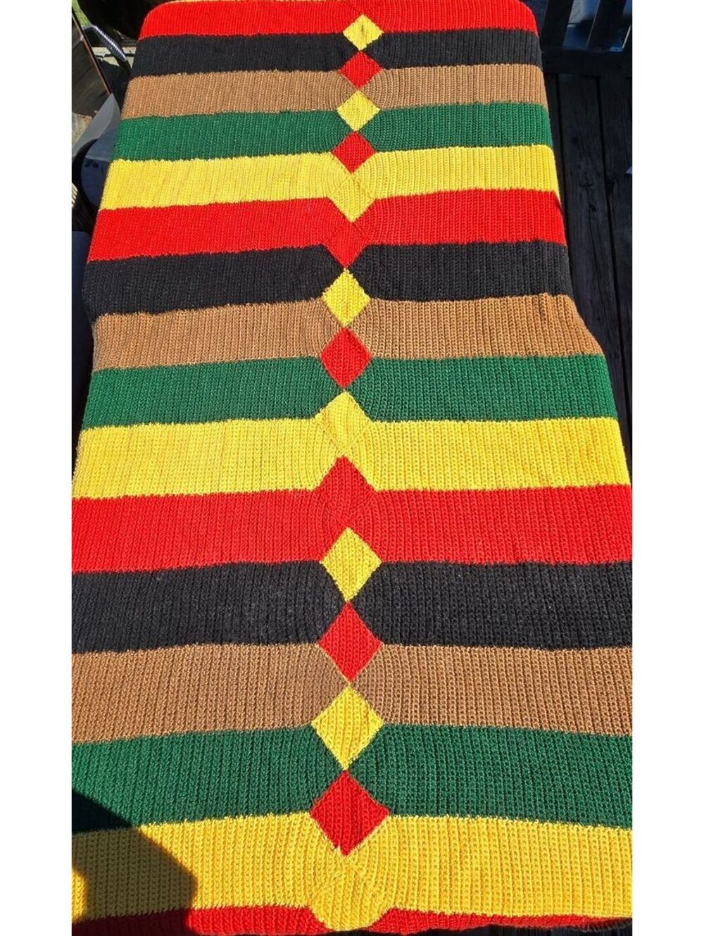 Vintage Hand Knit Mitered Diamond Blanket Afghan Huge 94x65 Rasta Pan-African